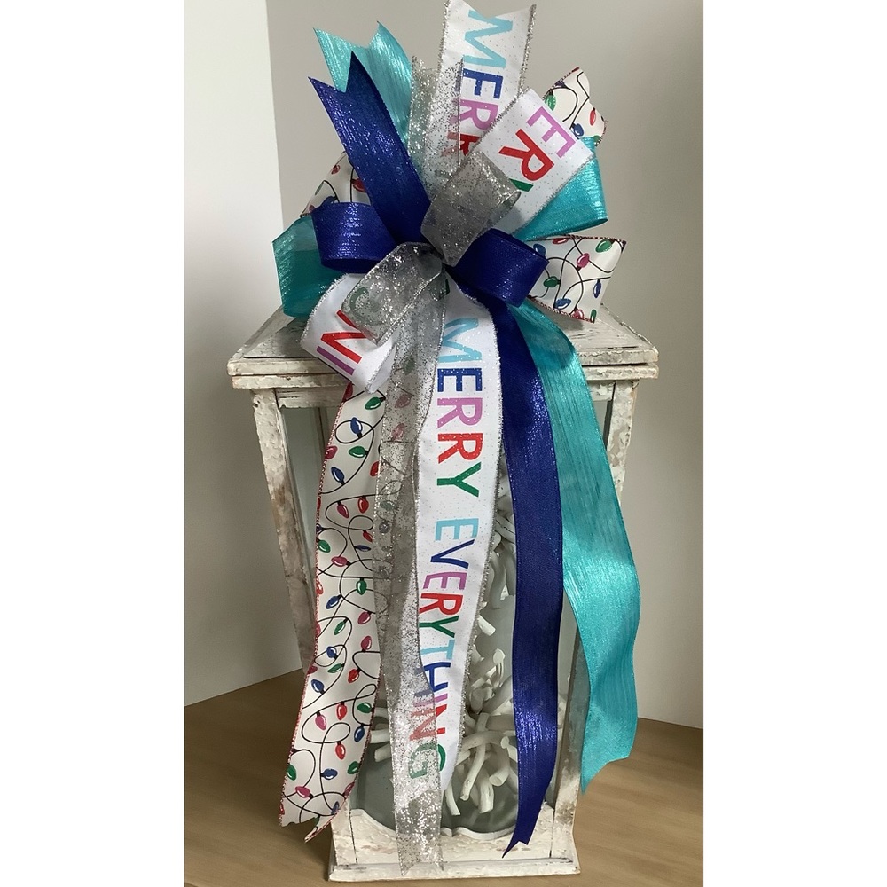 Blue & White Merry Everything Bow, Wreath Bow, Wreath Accent, Lantern Bow, & Bow